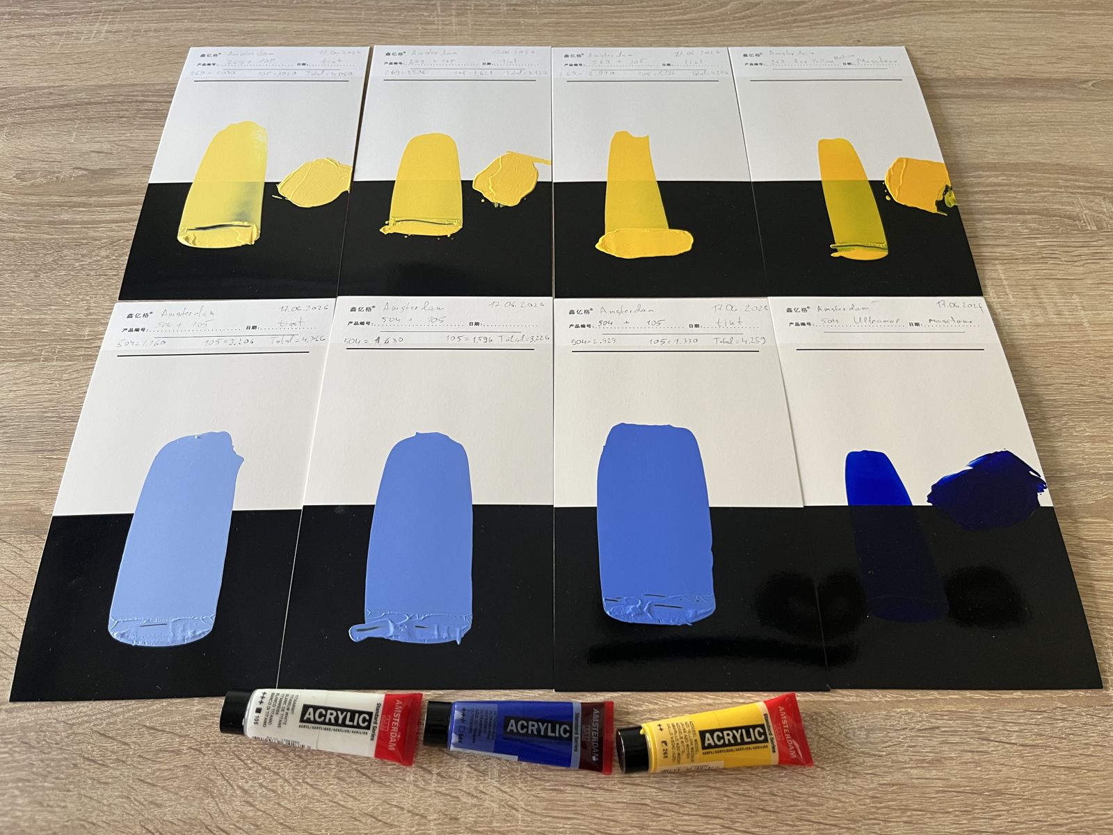 Tint ladders for a yellow and a blue pigment, each from full strength down to a pale tint.