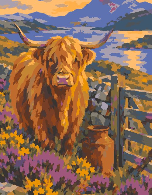 Highland Cow by the Loch, painted preview